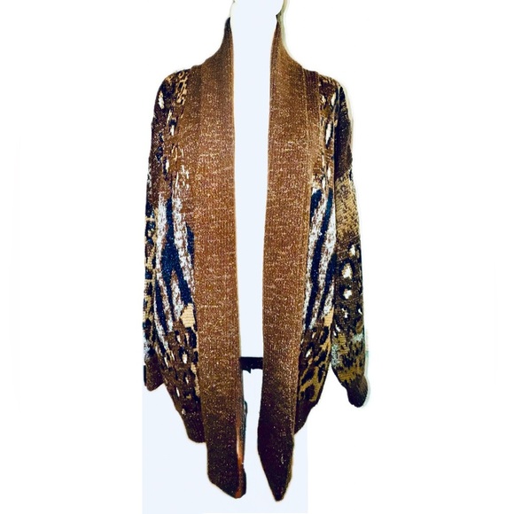 Vintage 80s Cardigan Sweater Multi Animal Print Metallic Leopard Pockets L - Picture 6 of 15